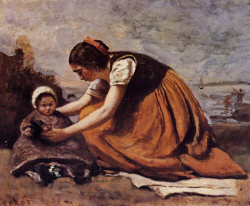 Mother and Child on the Beach by Camille Corot — Oil Painting Reproduction
