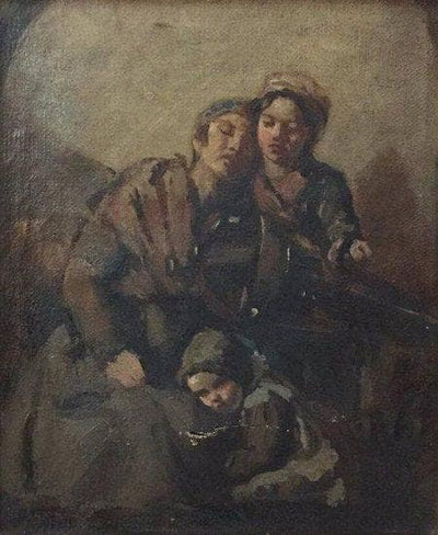 Mother and her Children, holding him a hurdy gurdy in home office