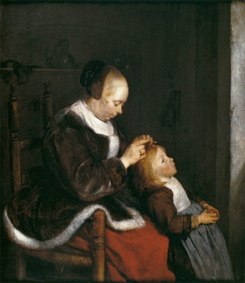 Mother Combing the Hair of Her Child by Gerard Terborch — Oil Painting Reproduction