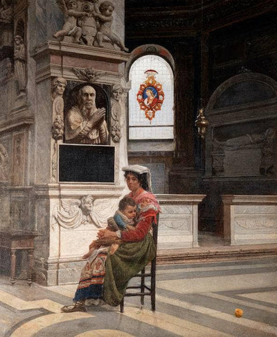 Mother with child inside the basilica of Santa Maria del Popolo in Rome in kitchen