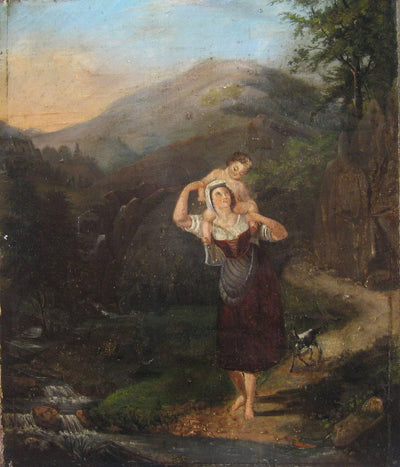 Mountain landscape with a woman and a child in apartment