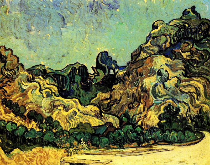 Mountains at Saint-Remy with Dark Cottage by Vincent van Gogh — Oil Painting Reproduction