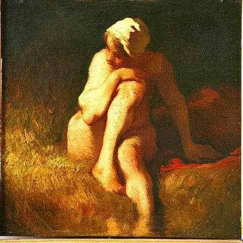 Naked peasant girl at the river by Jean-Francois Millet — Oil Painting Reproduction