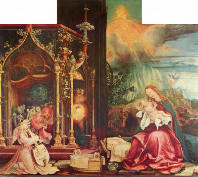 Nativity and Concert of Angels from the Isenheim Altarpiece (central panel) in home office