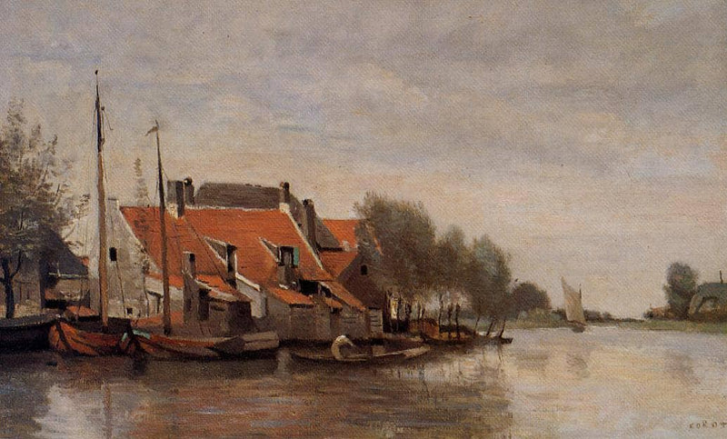 Near Rotterdam, Small Houses on the Banks of a Canal by Camille Corot — Oil Painting Reproduction