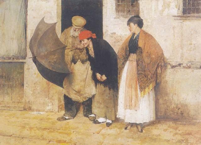 Repairing the umbrella by Noè Bordignon — Oil Painting Reproduction