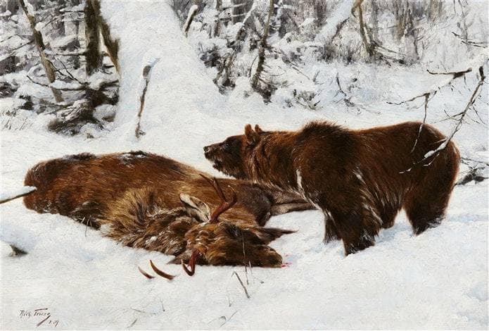 Norwegian Winter Landscape with an Elk and a Brown Bear by Richard Friese — Oil Painting Reproduction