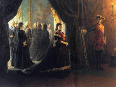 Catherine II (1729-96) at the Coffin of Empress Elizabeth (1709-61) in bedroom
