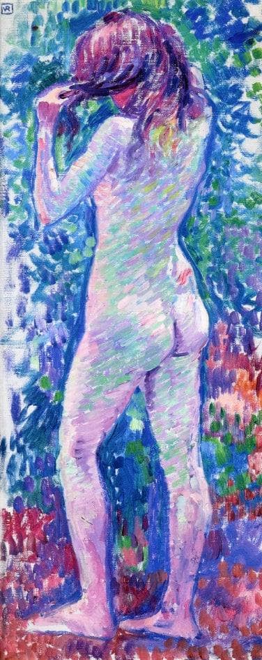 Nude from Behind, Fixing Her Hair by Theo van Rysselberghe — Oil Painting Reproduction
