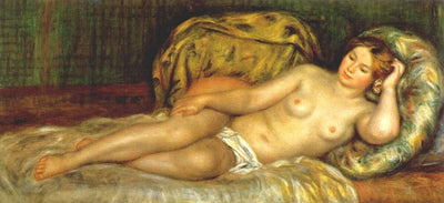 Nude reclining on cushions in hallway