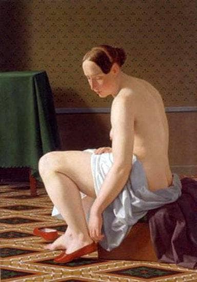 Nude Woman Putting On Her Slippers by Christoffer Wilhelm Eckersberg — Oil Painting Reproduction