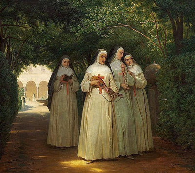 Nuns walking in a cloister garden in Rome in entryway