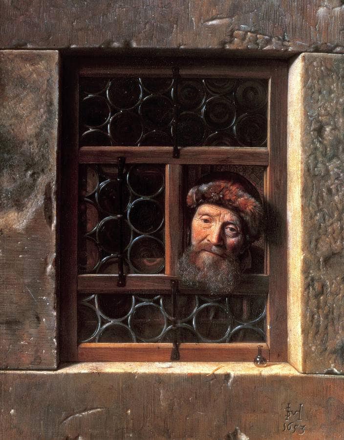 Old Man Looking Through a Window by Samuel Dirksz van Hoogstraten — Oil Painting Reproduction