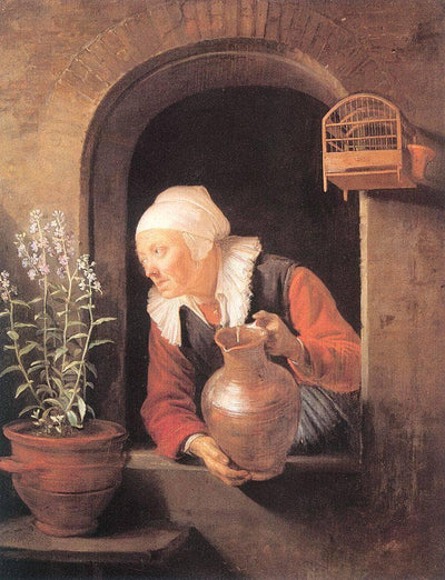 Old Woman Watering Flowers in hallway