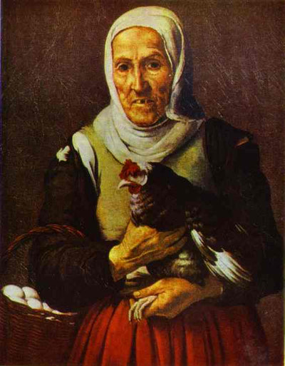 Old Woman with a Hen in modern living room