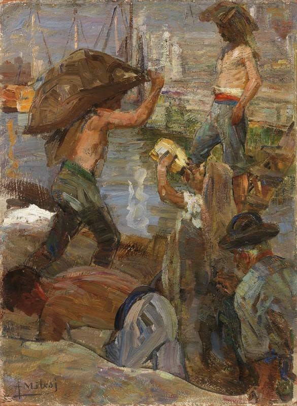 On the dock by Alessandro Milesi — Oil Painting Reproduction