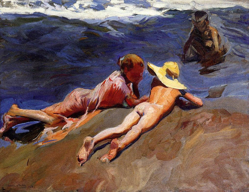 On the Sand, Valencia Beach by Joaquín Sorolla — Oil Painting Reproduction