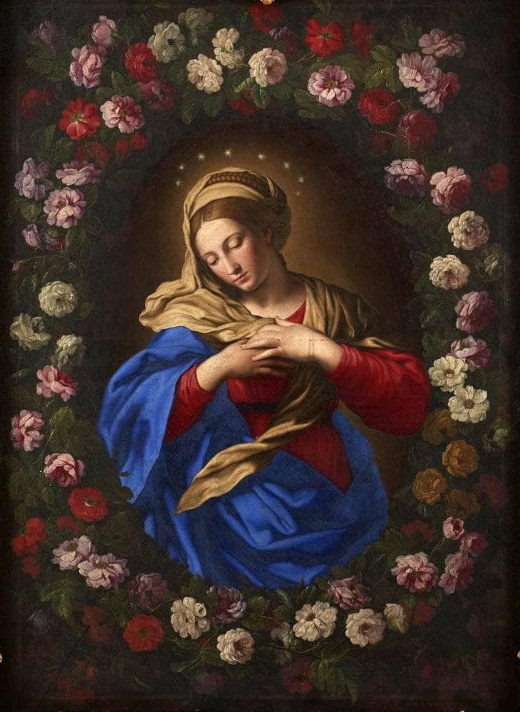 Our Lady in a garland of roses by Sassoferrato — Oil Painting Reproduction