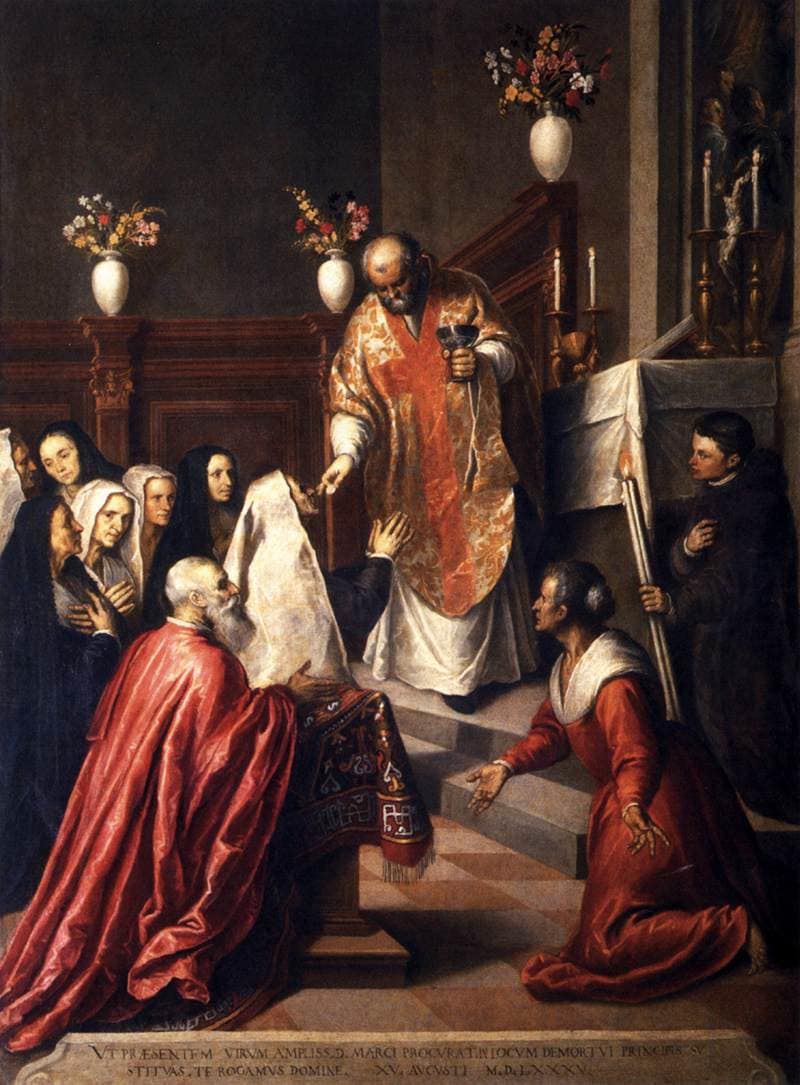 Pasquale Cicogna Hearing Mass Celebrated in the Oratory of the Crociferi by Palma il Giovane — Oil Painting Reproduction