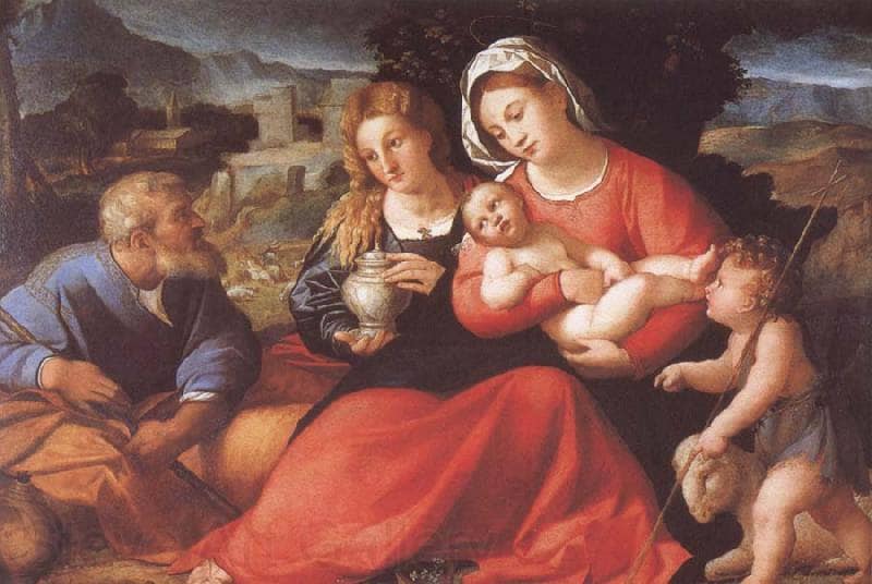 The Holy Family with Mary Magdalene and the infant saint John by Palma Vecchio — Oil Painting Reproduction