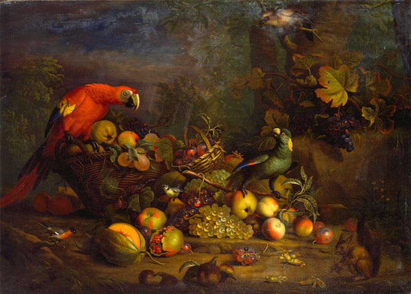 Parrots and Fruit with Other Birds and a Squirrel by Tobias Stranover — Oil Painting Reproduction