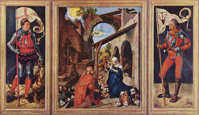 Paumgartner Altarpiece (center panel - The Nativity, wings - St. George, St. Eustace) by Albrecht Durer — Oil Painting Reproduction