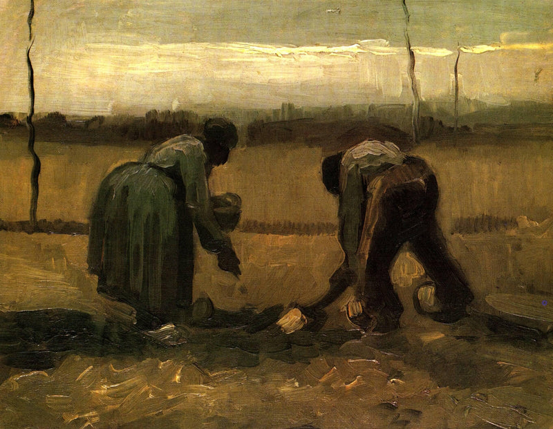 Peasant and Peasant Woman Planting Potatoes by Vincent van Gogh — Oil Painting Reproduction
