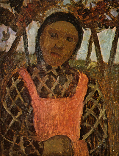 Peasant child with pink apron in master bedroom