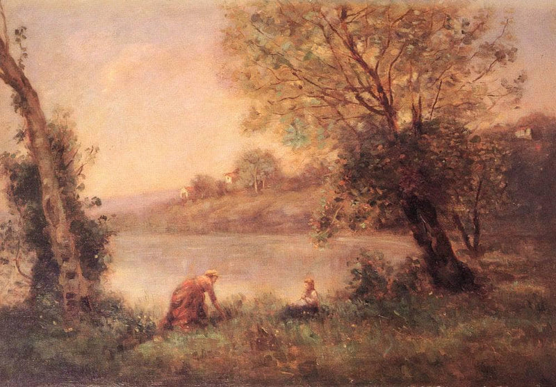 Peasant from Ville d'Avray and her Child among Two Trees at the Bank of a Pond by Camille Corot — Oil Painting Reproduction