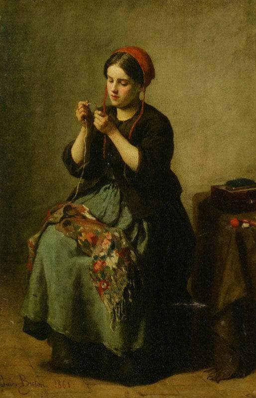 Peasant Woman Threading a Needle by Jules Breton — Oil Painting Reproduction