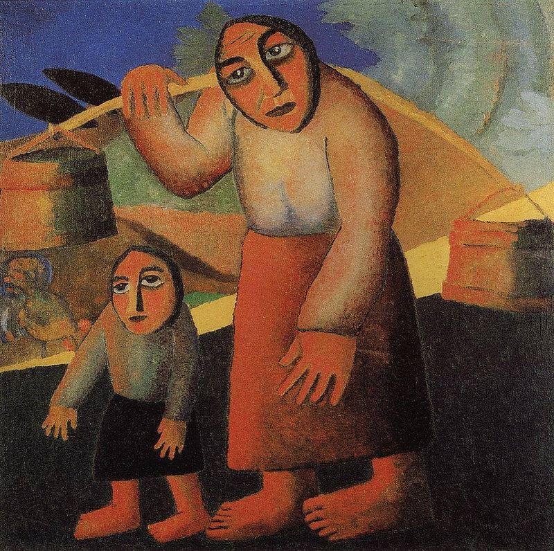 Peasant Woman with Buckets and a Child by Kazimir Malevich — Oil Painting Reproduction
