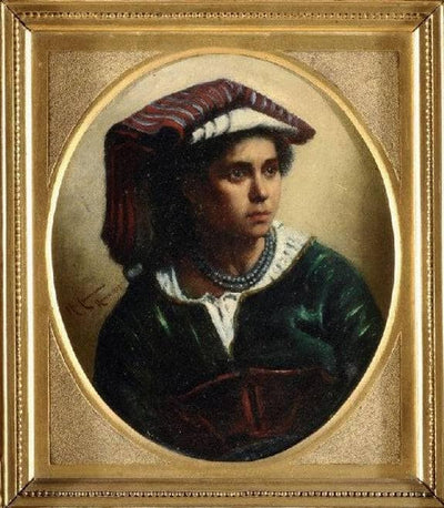 Peasant woman with green necklace in kitchen