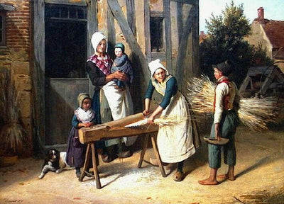 Peasants busy preparing hemp in front of a cottage door in living room
