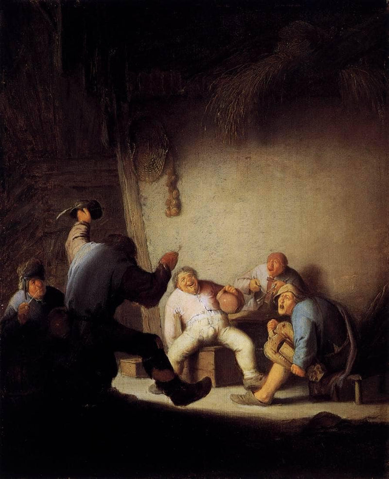 Peasants Drinking and Making Music in a Barn by Adriaen van Ostade — Oil Painting Reproduction