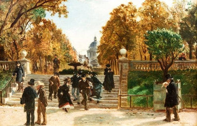 People in the Luxembourg garden, with the Pantheon in Paris in apartment
