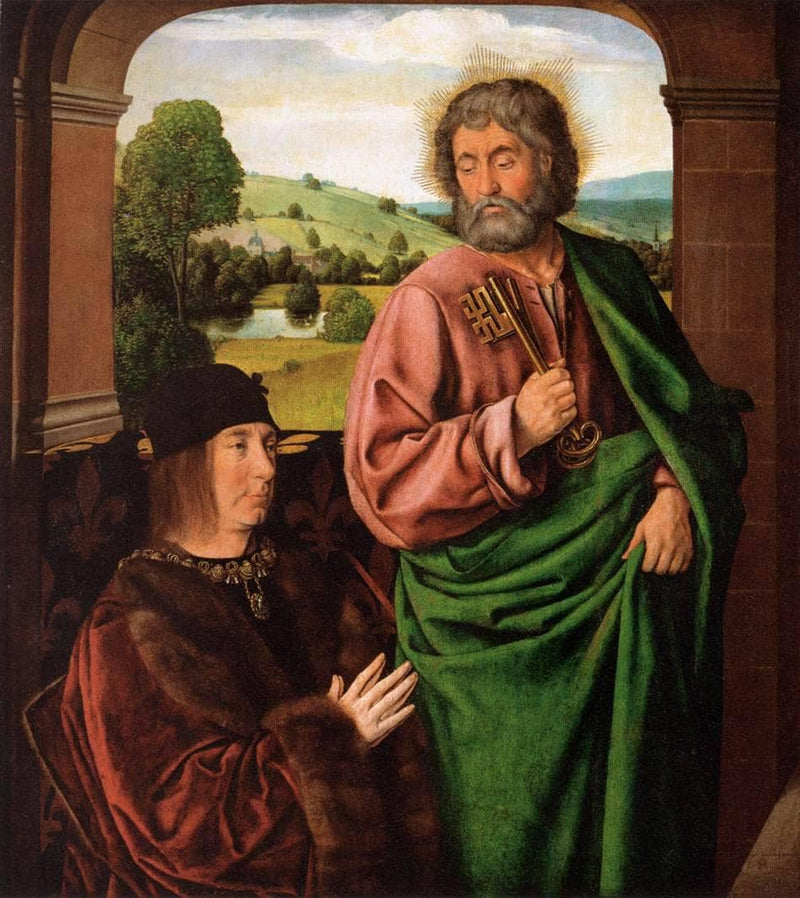 Peter II Duke of Bourbon presented by St. Peter, left hand wing of a triptych by Jean Hey — Oil Painting Reproduction