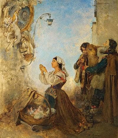Pifferari playing in front of an image of Our Lady by Anton Romako — Oil Painting Reproduction