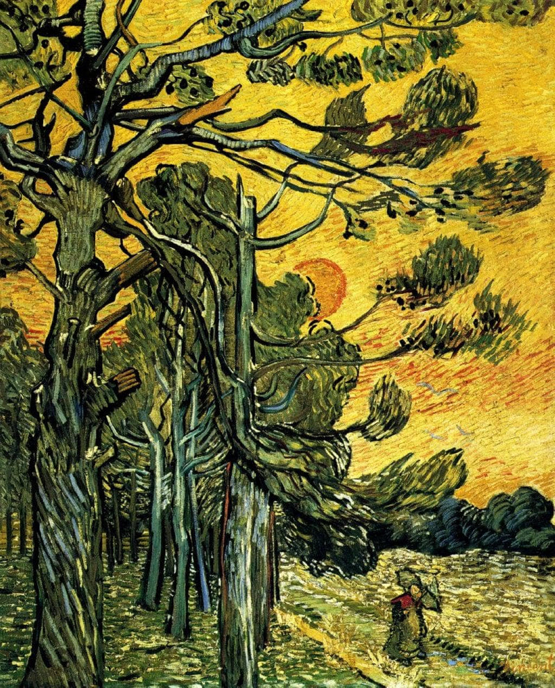 Pine Trees against a Red Sky with Setting Sun by Vincent van Gogh — Oil Painting Reproduction