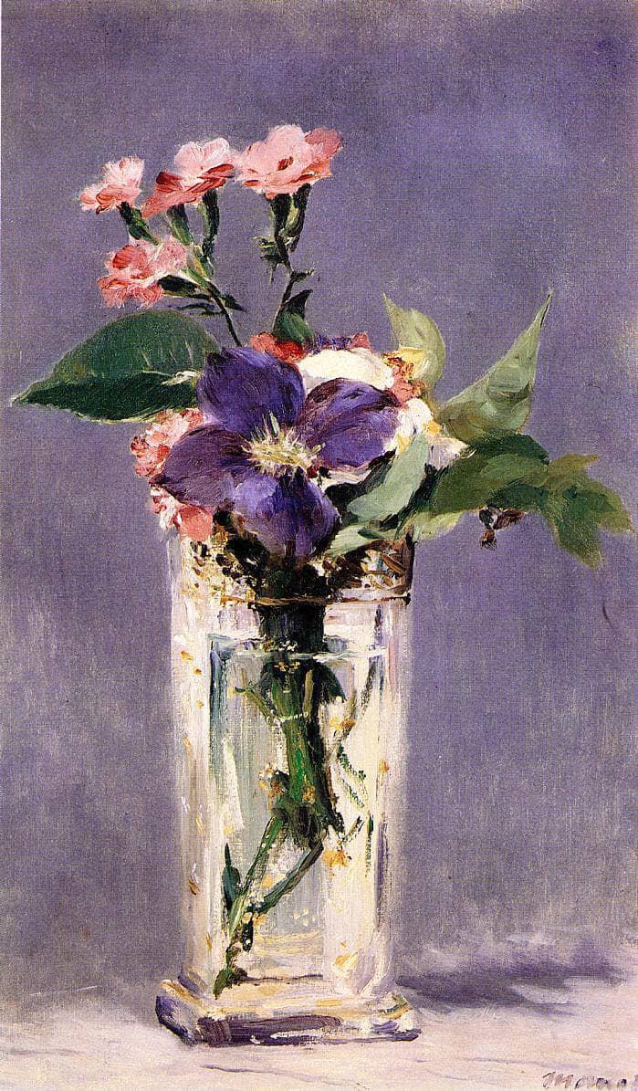 Pinks and Clematis in a Crystal Vase by Edouard Manet — Oil Painting Reproduction