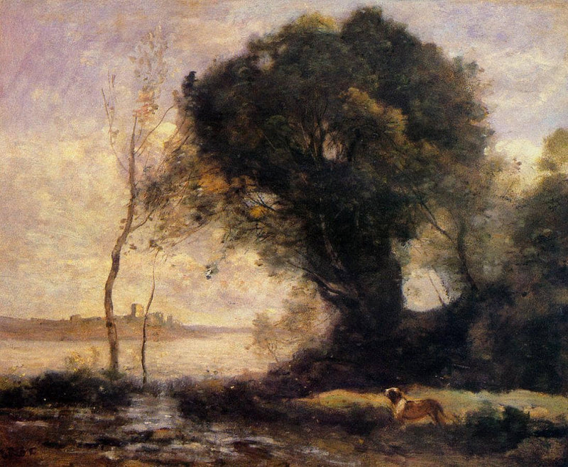 Pond with Dog by Camille Corot — Oil Painting Reproduction