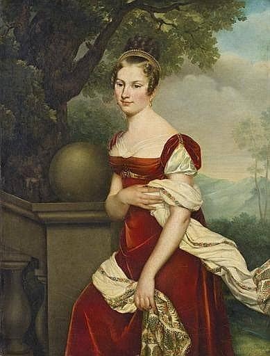Portrait d'Aglaé-Constance Boudard en robe de velours rouge in bedroom