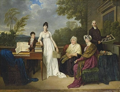 Portrait de la famille de l'artiste posant devant le château de Juilly in home office
