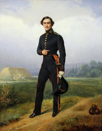 Alexandre Legros in gunner's uniform in a haystack landscape in apartment