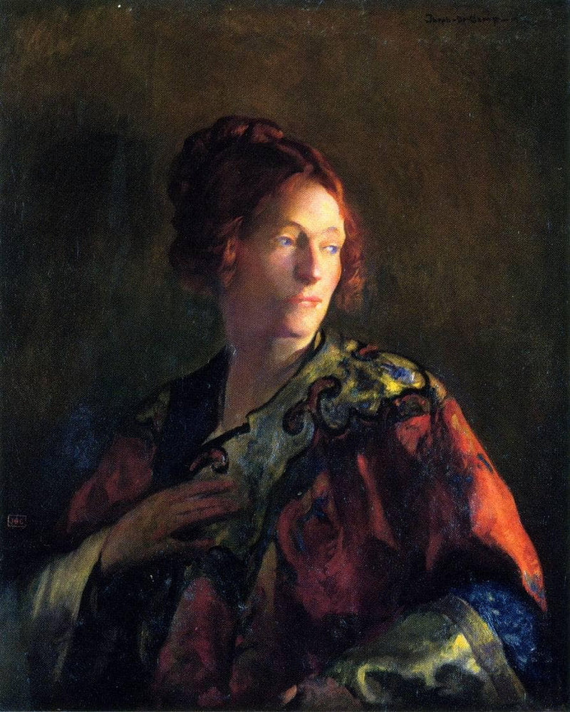 Portrait in Red and Gold of Miss Pearson by Joseph DeCamp — Oil Painting Reproduction