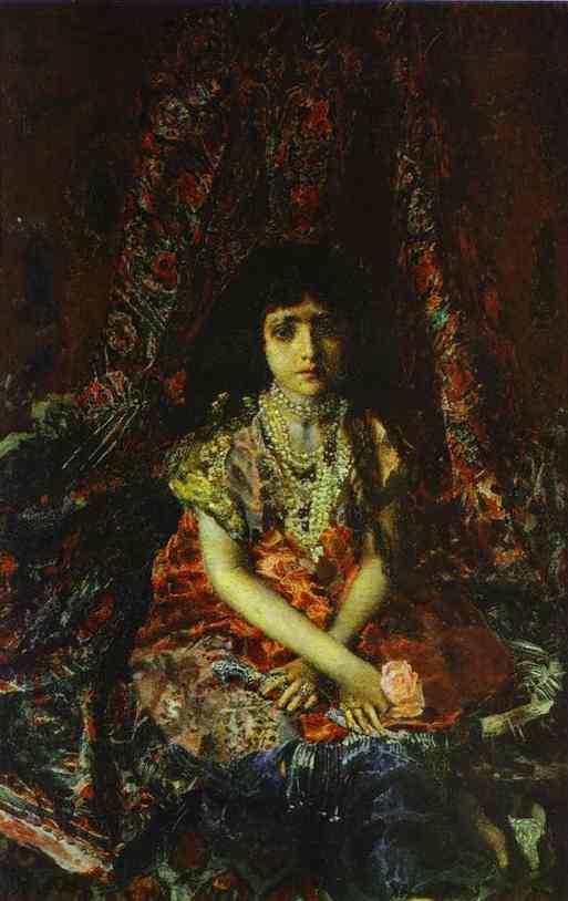 Portrait of a Girl against a Persian Carpet by Mikhail Vrubel — Oil Painting Reproduction