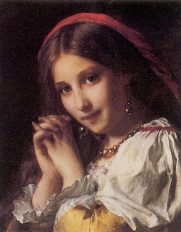 Portrait of a girl with red shawl by Adolphe Piot, Oil Painting Reproduction