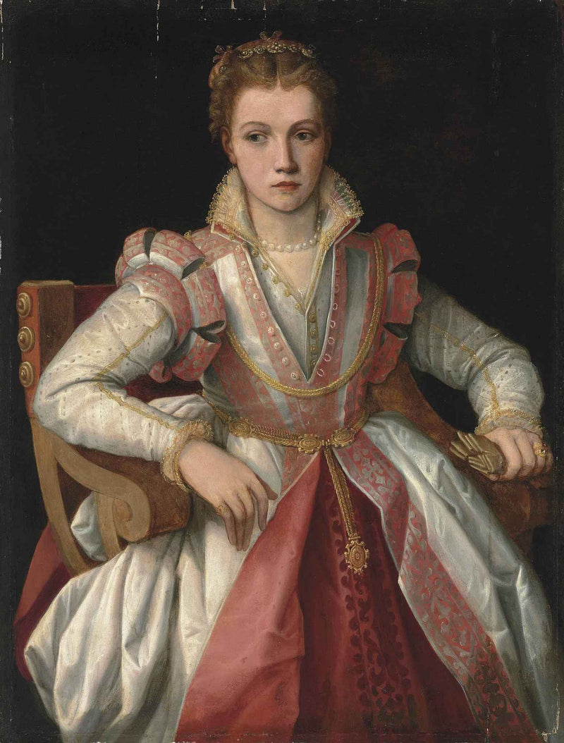 Portrait of a Lady in a White Dress Trimmed in Pink by Francesco de' Rossi (Francesco Salviati), "Cecchino" — Oil Painting Reproduction