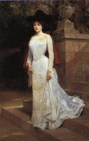 Portrait of a lady in white with red cloak in master bedroom