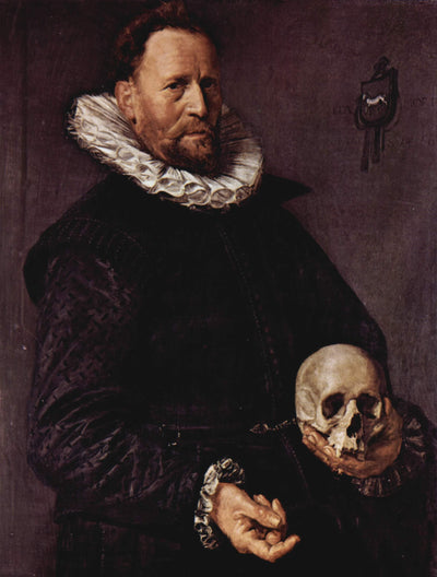 Portrait of a Man Holding a Skull in hallway