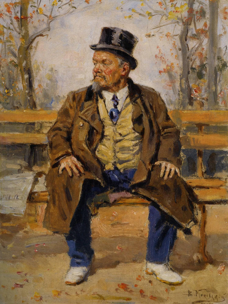 Portrait of a man sitting on a park bench by Vladimir Makovsky — Oil Painting Reproduction